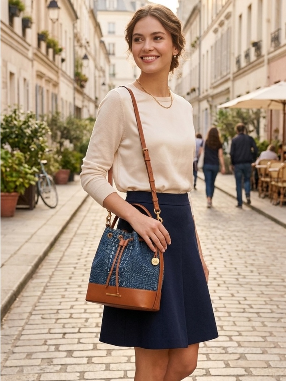 Brahmin Marlowe Blue Denim-Patterned Drawstring bucket Bag